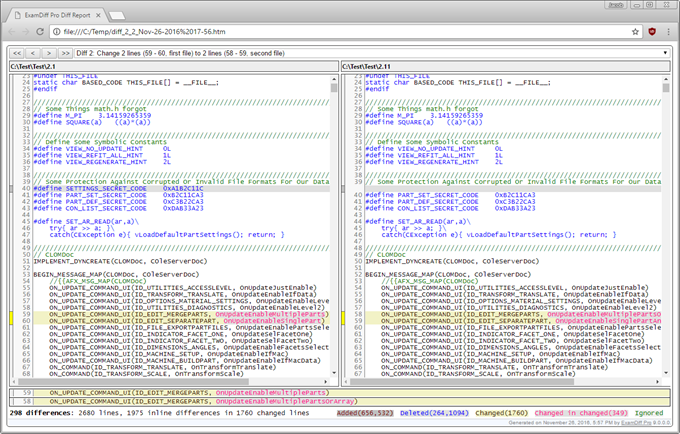 Save the file differences to a dynamic HTML web page. Print and print preview diff reports