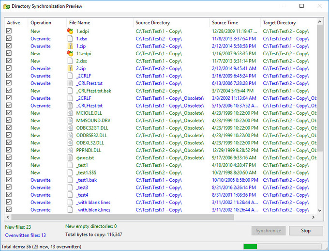 Directory Synchronization Preview dialog