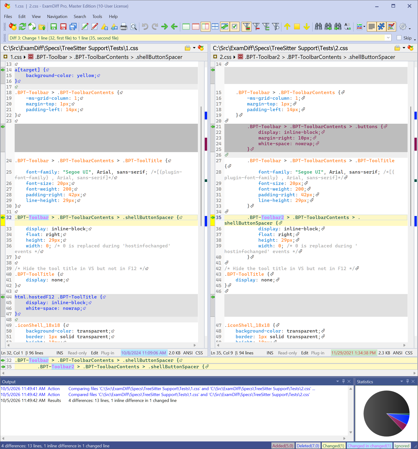 ExamDiff Pro comparing two CSS files side by side, with syntax highlighting, the scope bar, and differences within lines