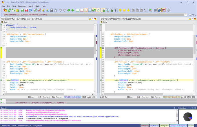 Screenshots of ExamDiff Pro, a powerful, intuitive, and easy to use visual side-by-side comparison tool for comparing, merging, and synchronizing text and binary files, and directories