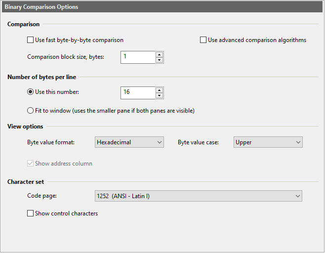 Binary Comparison Options dialog