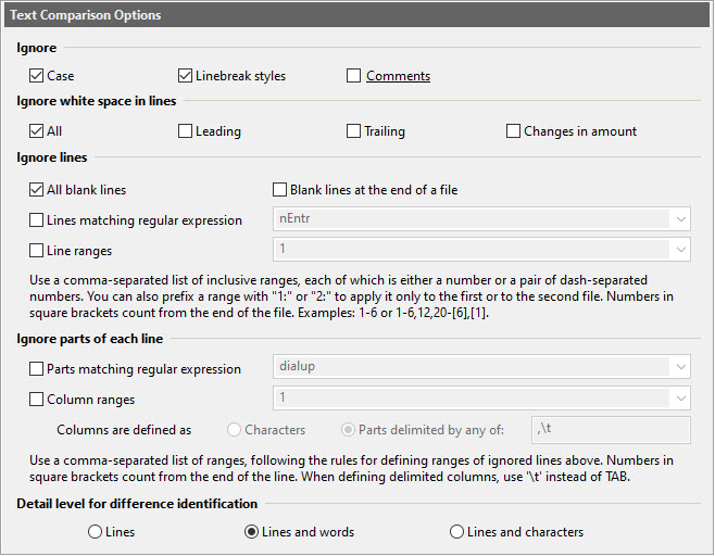 Text Comparison Options dialog