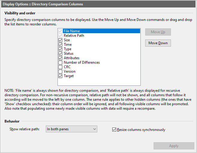 Dir Column Options dialog