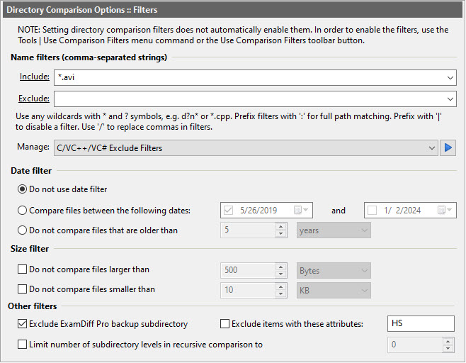 Directory Comparison - Filters Options dialog