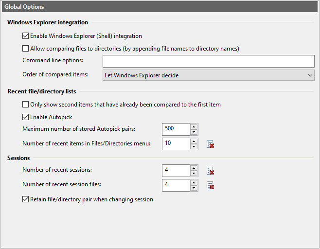 Global Options dialog