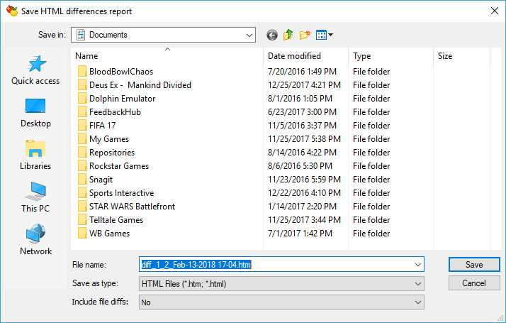 HTML Diff Report Save dialog