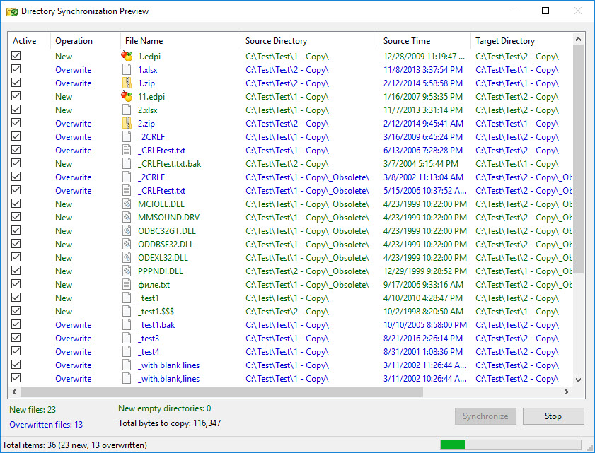 Directory Synchronization Preview dialog