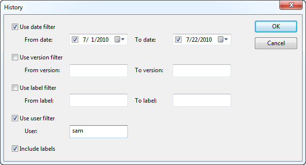 History filter dialog