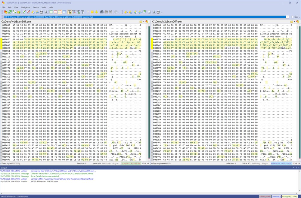 Two builds of an EXE compared side by side in hex