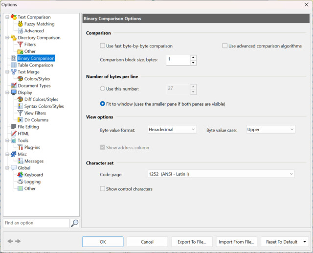 Options dialog, Binary Comparison page