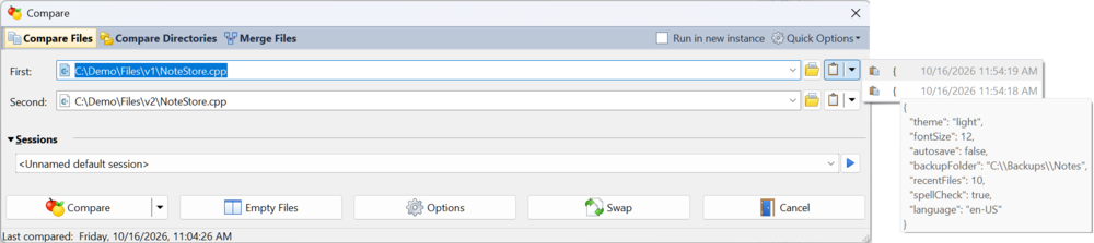 The clipboard history drop-down in the Compare dialog