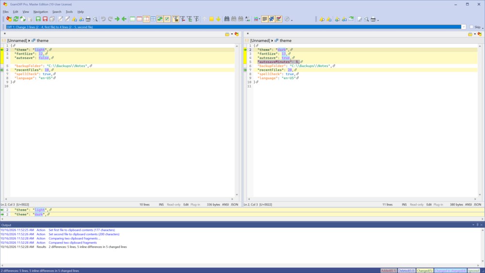 Two versions of a JSON settings block compared from the clipboard
