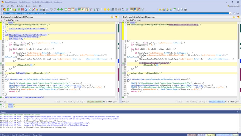 Two versions of a C++ file compared with syntax highlighting