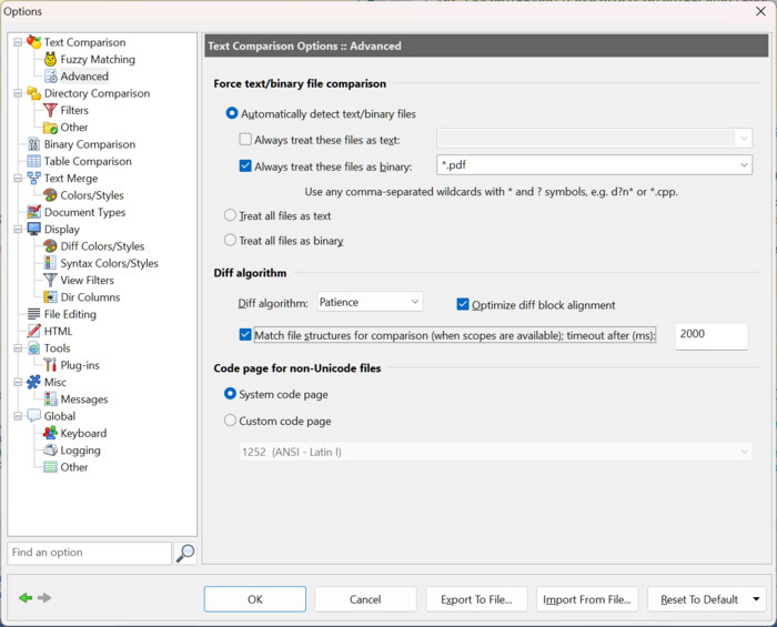 Match file structures for comparison in the Advanced options