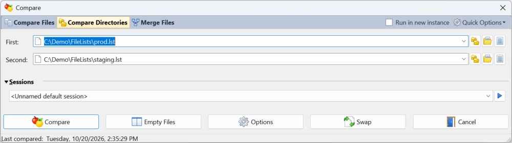 Two file lists in the Compare dialog