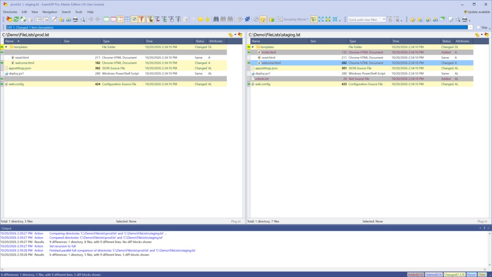 Two file lists compared