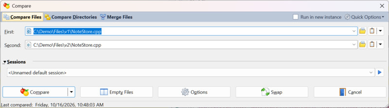 Compare dialog with two files selected