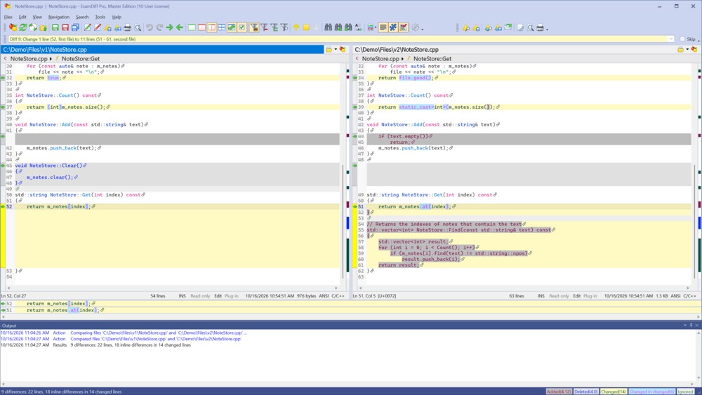Two versions of a C++ file compared side by side