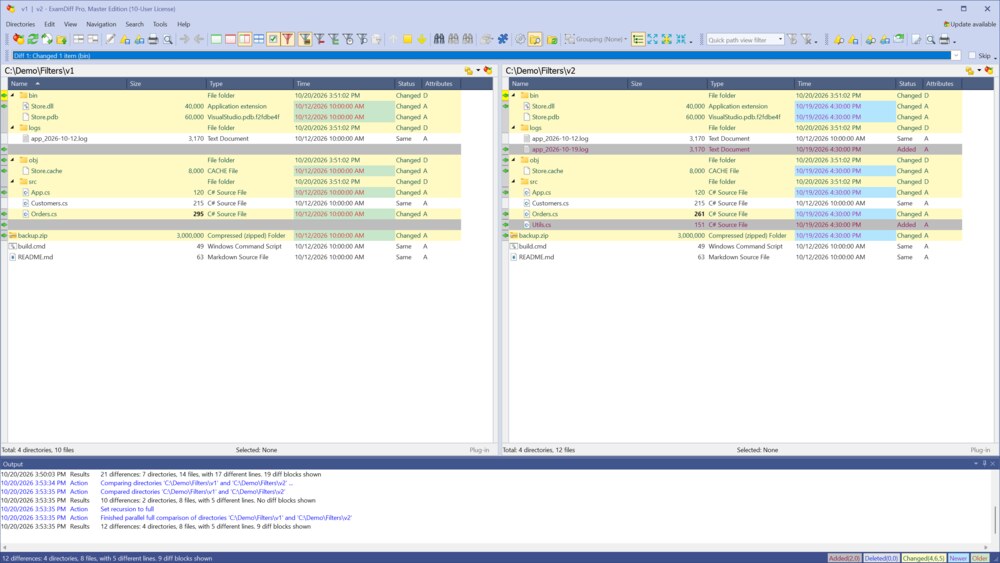 Two builds compared, with build output and logs