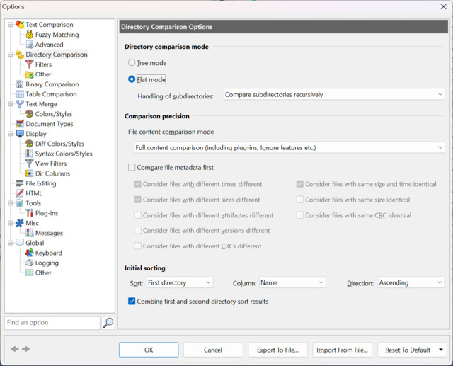 Options dialog, Directory Comparison page