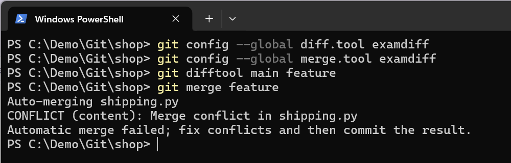 git merge reporting a conflict in a terminal