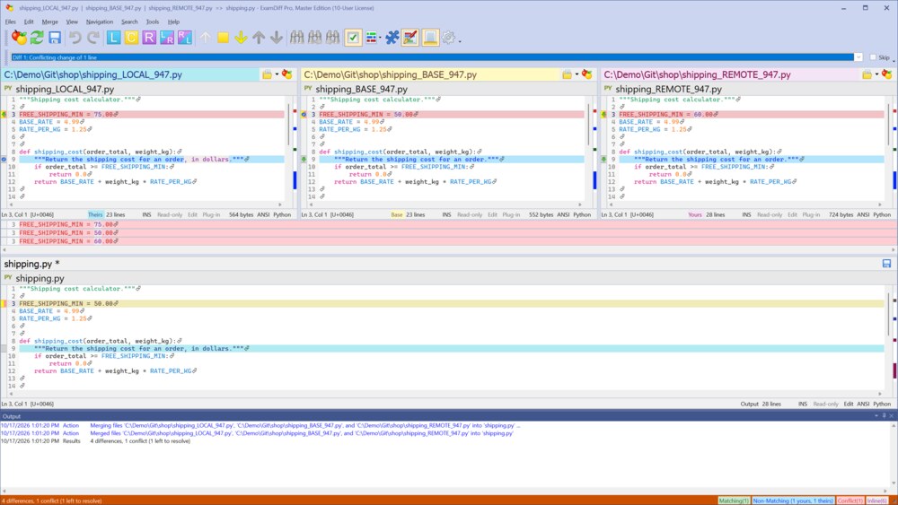 git mergetool opening a conflict in ExamDiff Pro's three-way merge