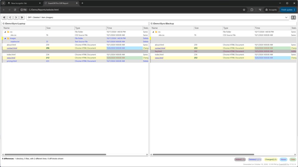 Folder diff report in a browser