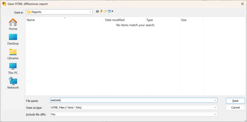 Saving a folder report with file diffs