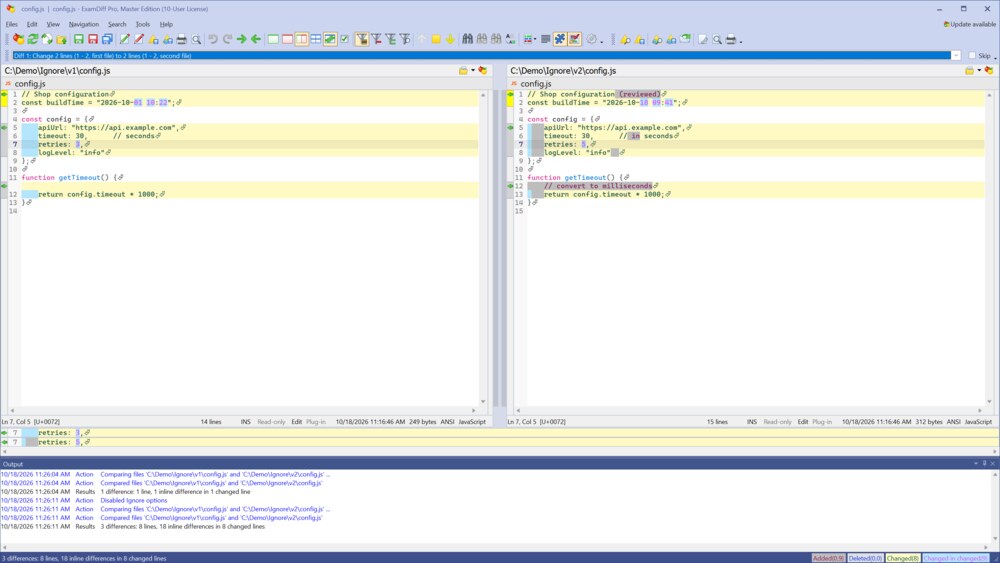 Two versions of a file with many unimportant differences