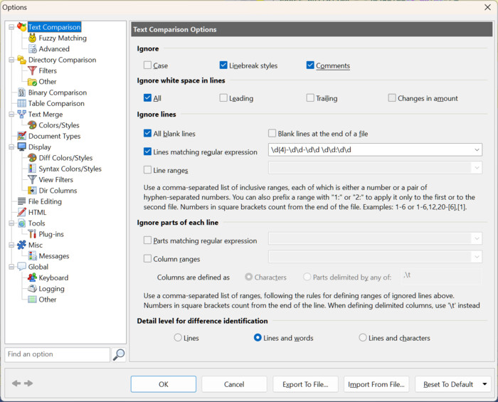 Ignore options on the Text Comparison page