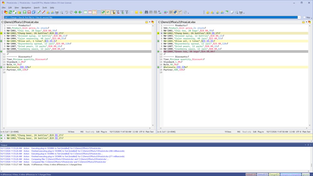 Two versions of an Excel workbook compared sheet by sheet