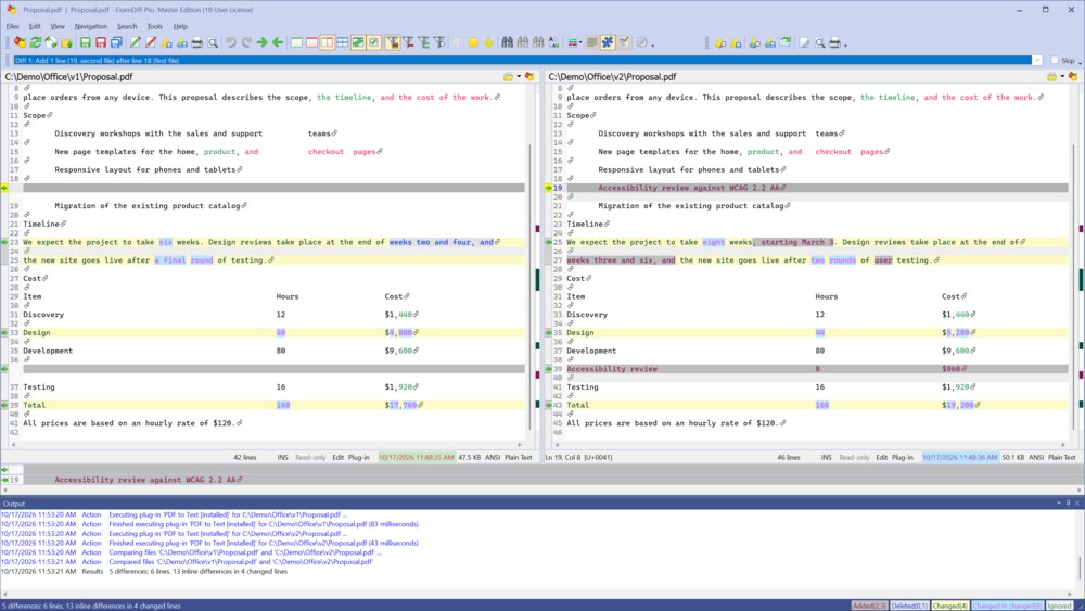 Two versions of a PDF file compared side by side