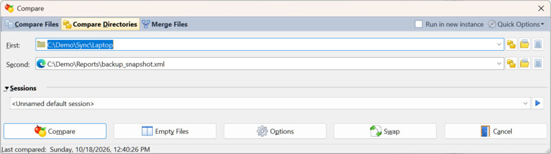 Compare dialog with a folder and a snapshot