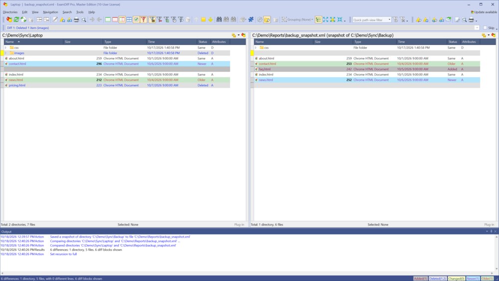 A folder compared with a snapshot of its backup