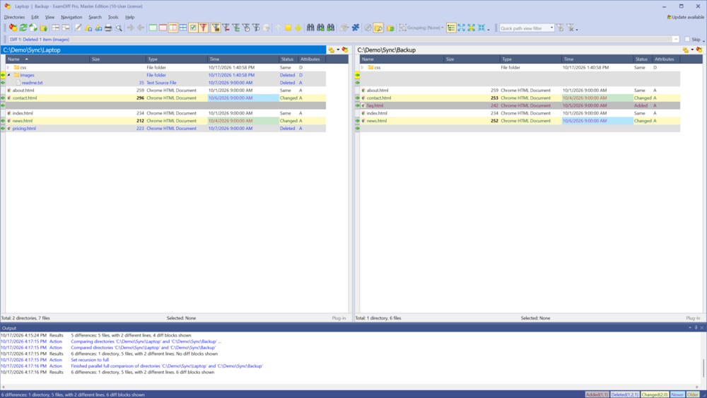 Two folders compared before synchronizing