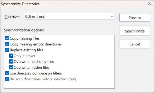 Synchronize Directories dialog