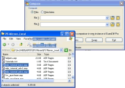 Windows Explorer shown next to ExamDiff Pro main compare dialog, with two files being dragged from the Windows Explorer into ExamDiff Pro