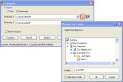 ExamDiff Pro Browse for Directories dialog, shown next to ExamDiff Pro main compare dialog, with the Browse button (the one next to the combo box) outlined
