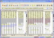 ExamDiff Pro main window, comparing two binary files with a block size of two bytes rather than the default size of one byte